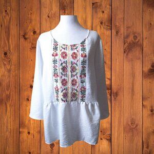 NYCC Women's 2X White 3/4 Bell Sleeve Embroidered Boho Peplum Blouse Pullover